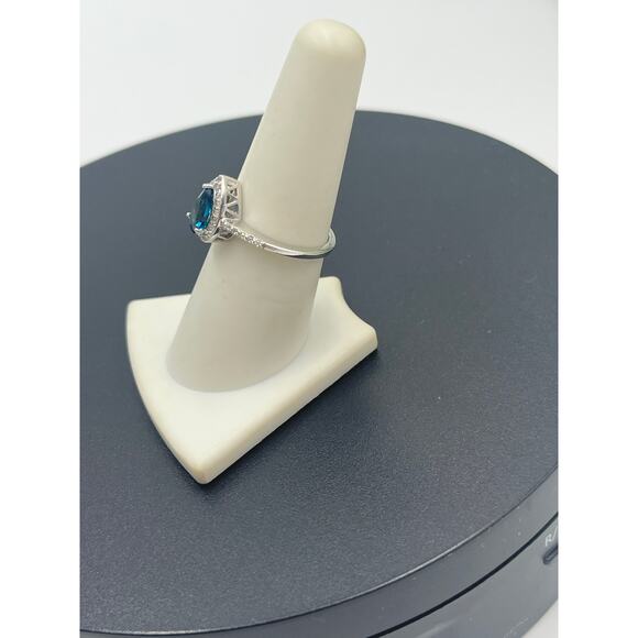 FAS Teardrop Pear Shaped London BlueTopaz Halo CZ sterling Silver Ring sz 7.5 - Picture 4 of 10
